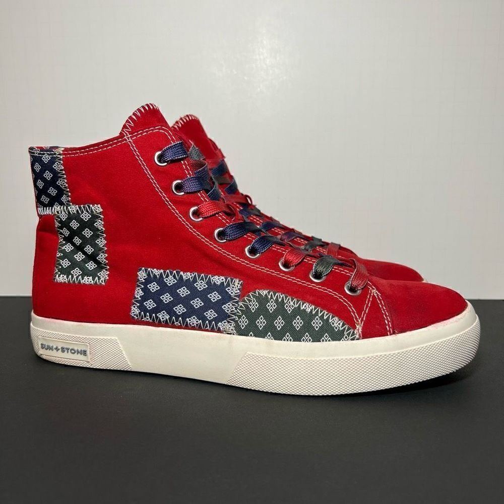 Mens SUN + STONE Mesa Red Patchwork High Top Sneakers / Size 10 Medium